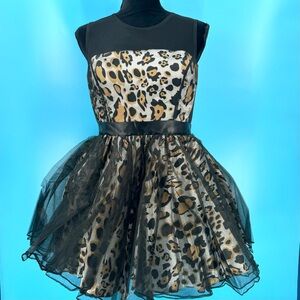 Leopard Print Tulle Short Dress With Ruffle Sz. L